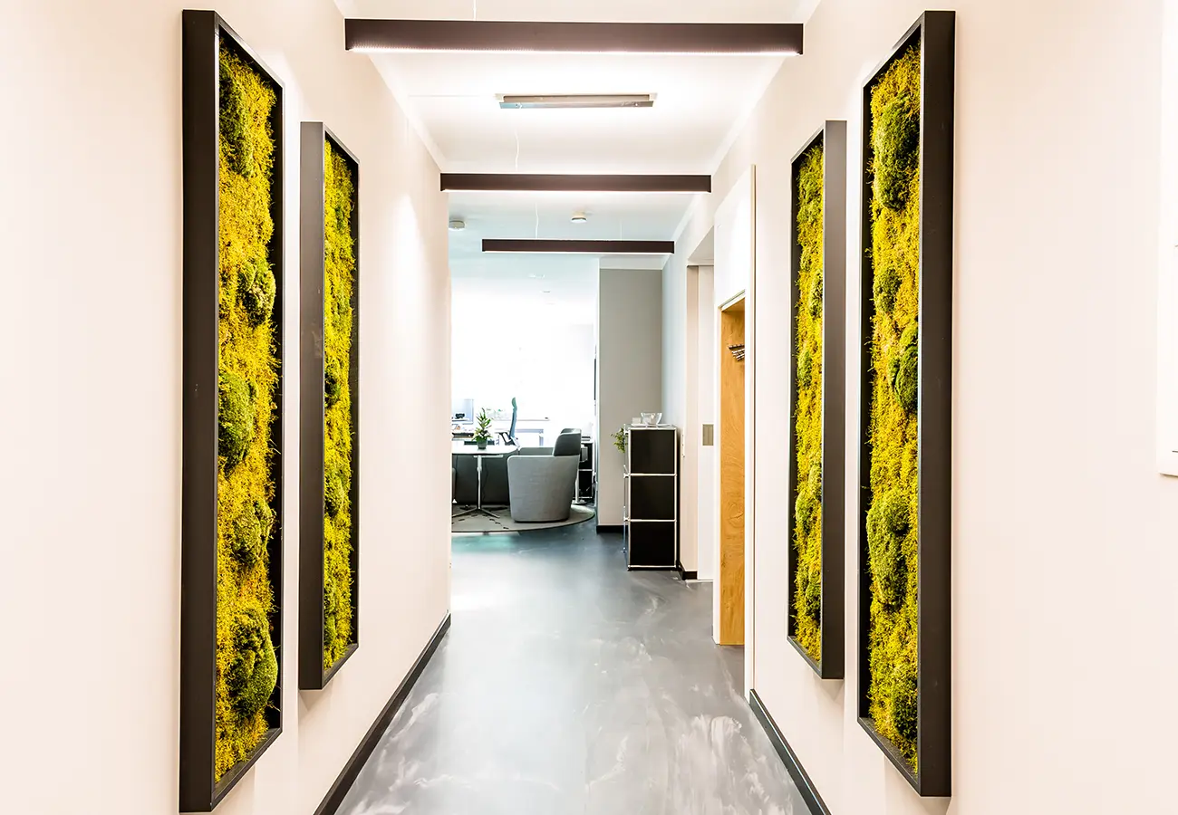 Flur mit Mooswänden und Blick in das Büro